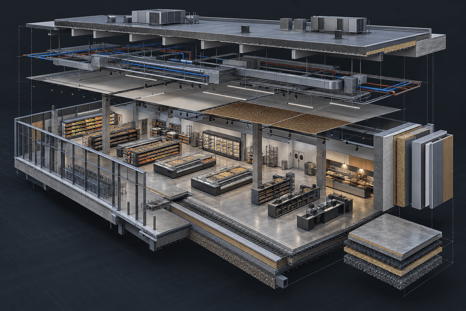 Modelo 3D coordenado de supermercado com arquitetura, equipamentos e infraestrutura